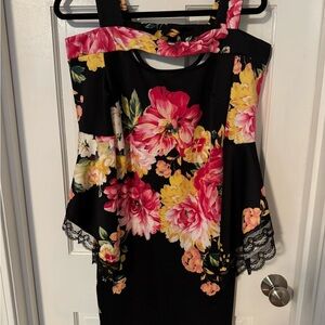 VENUS Black Dress with Pink and Yellow Floral Design